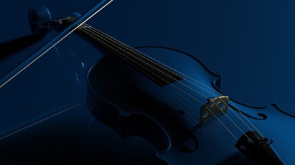 Dark Blue classic violin on brown plate under spot lighting background. 3D sketch design and illustration. 3D high quality rendering. 3D CG.