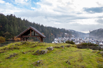 View of the boats at the marina at Pedder Bay, British Columbia, Canada