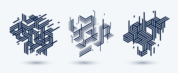 Abstract polygonal backgrounds with stripy triangles and 3D cubes vector designs set. Templates for different advertising or covers or banners. Retro style graphic elements.