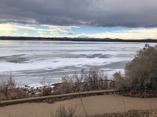 Stunning mind blowing frozen lake, Cherry creek state park, Colorado.