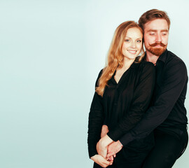 young tender couple, man and woman in love isolated on white, fooling around real modern hipster marriage, lifestyle people concept