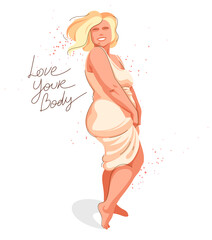 Attractive and sexy plus size woman isolated on white, vector illustration concept of body positivity health and happiness, love and accept your body idea.