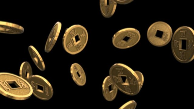 Falling chinese coins with hieroglyphs feng shui loop