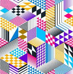 Obraz premium Geometric 3D seamless pattern with cubes, rhombus and triangles boxes blocks vector background, architecture and construction, wallpaper design.