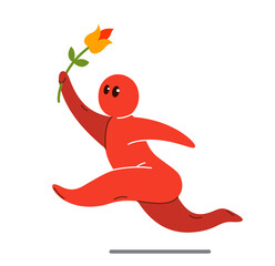 Funny cartoon man running with flower like romantic in love dating vector flat style illustration isolated on white, cute and positive small guy drawing or icon.