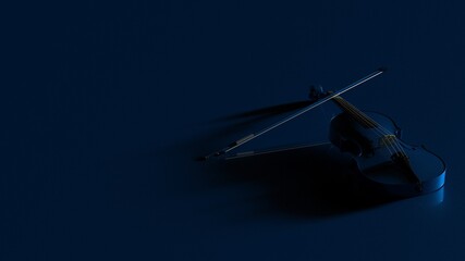 Fototapeta na wymiar Dark Blue classic violin on brown plate under spot lighting background. 3D sketch design and illustration. 3D high quality rendering. 3D CG.