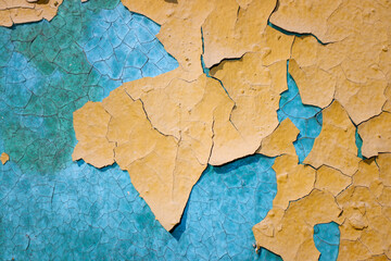 peeling green and yellow paint on the wall similar to the world map. Grunge background