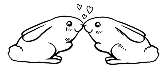 Doodle of pair of kissing rabbits. Hand drawn vector illustration. Romantic animals sketch isolated on white. Cute contour drawing for st Valentine holiday design, print, card, sticker, decor, poster.