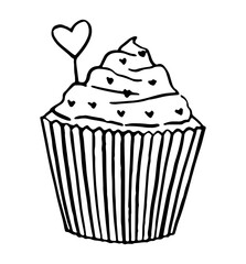 Doodle of cupcake decorated with hearts. Hand drawn vector illustration. Simple sketch isolated on white. Cute contour drawing for st Valentine holiday design, print, postcard, sticker, decor, poster.