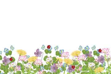 春の草花とテントウムシの水彩イラスト