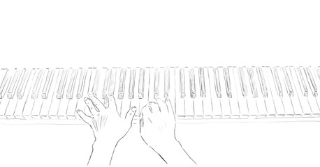Playing the piano. Hands on the piano keys. Drawing. © pittore37