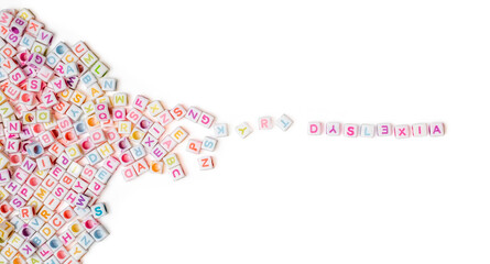 Dyslexia spelled in colorful letters. Many small letters on the left side flow and bundle to the word dyslexia with reversed letters symbolizing trouble recognizing phonemes. Isolated on white.