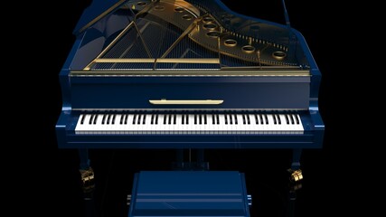 Fototapeta na wymiar Dark Blue Grand Piano under black background. 3D illustration. 3D high quality rendering. 3D CG.