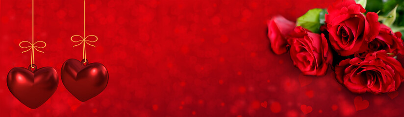 horizontal long panorama of heart model, red, pink texture, decoration, love, engagement background for design, postcards, concept of marriage proposal, Valentine's Day, 3d illustration, 3d rendering