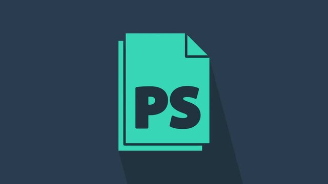 Turquoise PS File document icon isolated on blue background. 4K Video motion graphic animation.
