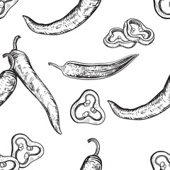 Detailed hand drawn black and white illustration seamless pattern of hot pepper, slice. sketch. Vector. Elements in graphic style label, card, sticker, menu, package.