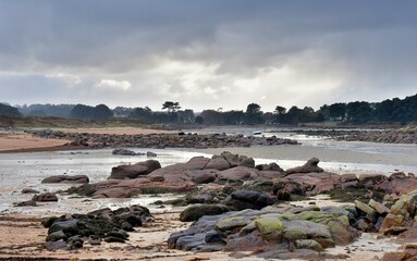 Beautiful seascape in winter at Tregastel in Brittany. France