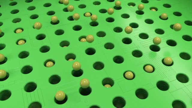 Rotating field of green color with black holes and jumping balls. Animation. Yellow spheres flying above rotating texture, seamless loop.