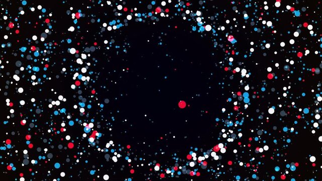Shining round shaped particles creating a central circle. Animation. Clood of chaotically moving circles transforming into a ring on balck background. 