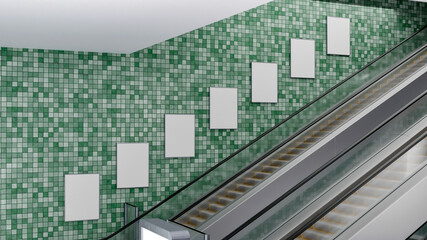 3D blank mockup seven poster arrange on wall near escalator