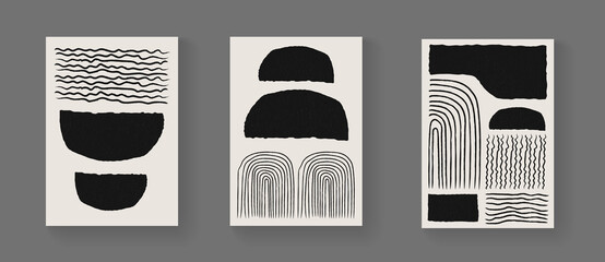 Fototapeta na wymiar Set of abstract minimalistic hand painted art posters. Mid-century vintage composition. Scandinavian Illustration for Postcards, Covers and Brochures.