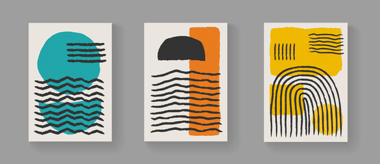 Set of abstract minimalistic hand painted art posters. Mid-century vintage composition. Scandinavian Illustration for Postcards, Covers and Brochures.