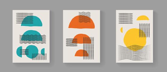 Set of abstract minimalistic hand painted art posters. Mid-century vintage composition. Scandinavian Illustration for Postcards, Covers and Brochures.