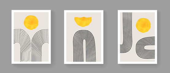 Set of abstract minimalist hand painted composition. Mid century modern artwork with watercolor shapes. Simple geometric illustration for Posters, Postcards, Brochures, Wall Art, Banners.