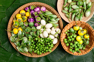 Various fresh organic Asian eggplant or aubergine from local farmer market, Northern of Thailand