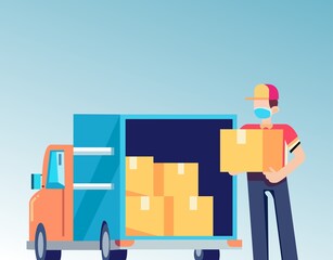 Vector of a man from delivery service loading the boxes into the truck
