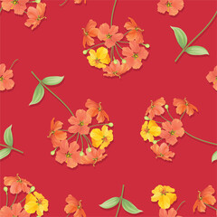 Seamless pattern of yellow flower with bud and leaves on red background. Vector set of blooming flower for adornment for wedding invitations, holiday, greeting card and textile fashion design.
