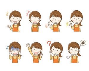 エプロンをした女性の表情ポーズイラストセット