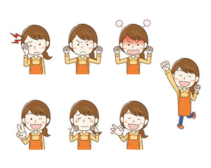 エプロンをした女性の表情ポーズイラストセット