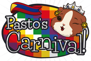 Colorful Sign with Female Guinea Pig as Pasto's Carnival Queen, Vector Illustration