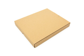 Closeup of a courier packaging thin kraft paper box on white background