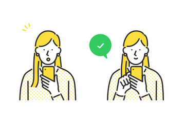 スマートフォンをチェックする女性のイラスト素材