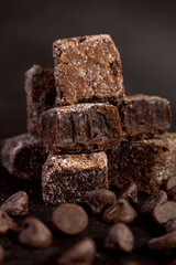 Stacked Chocolate Fudge Brownie Square Bites Up Close With Chocolate Chips