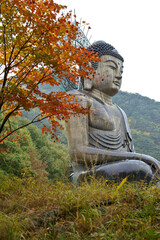 The Great Unification Buddha (Tongil Daebul) with autumn foliage, Shinheungsa Buddhist temple, Seoraksan National Park, South Korea