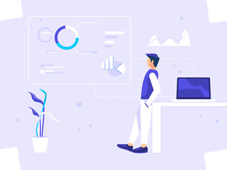 Digital graphic concept. Man manager monitoring chart progress. used for web, posters, flyers. flat vector illustration.