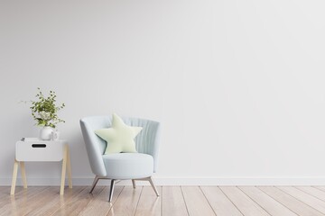 The interior has a armchair on empty white wall background.