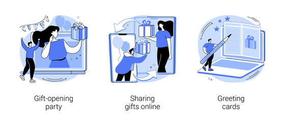 Online celebration abstract concept vector illustration set. Gift-opening party, sharing gifts online, greeting cards, guest invitation, unpacking present, camera, winter holiday abstract metaphor.