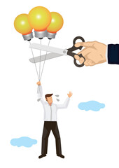 Man flying in the sky with lightbulb balloons. Businessman cuting his balloons.