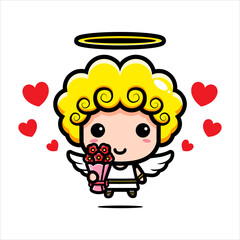cute cupid character designs bring flowers