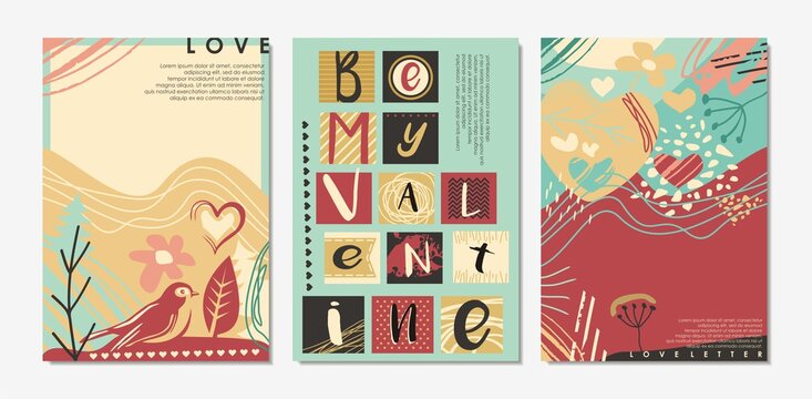 Be my Valentine card templates and cover designs for Valentines day. Romantic love lettering collection. Vector backgrounds and patterns.