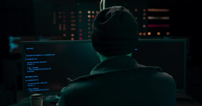 Shot from the Back to Hooded Hacker Breaking into Corporate Data Servers from His Underground Hideout. Wanted anonymous programmer coding virus ransomware using computers. Multiple Displays Background