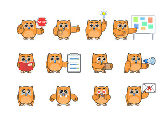 Set of yellow owl characters showing various actions. Cute owl mascot holding stop sign, parcel box, idea bulb, reading book and showing other actions. Modern vector illustration