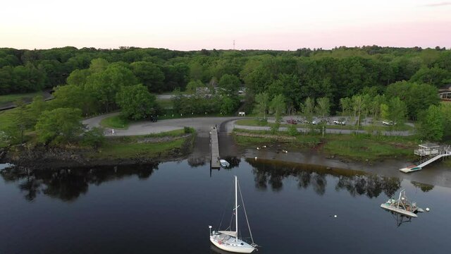 Aerial High Flying Drone Footage Over Fishermen Preparing To Launch At Saco Bay, Maine