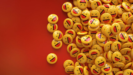 3d rendering of a bunch of yellow laughing emojis glossy pills over red background