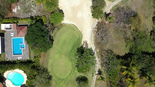 Golf course with roads, coconut palm trees and houses. Aerial view. Dominican Republic