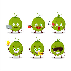 Obraz premium Green coconut cartoon character with various types of business emoticons
